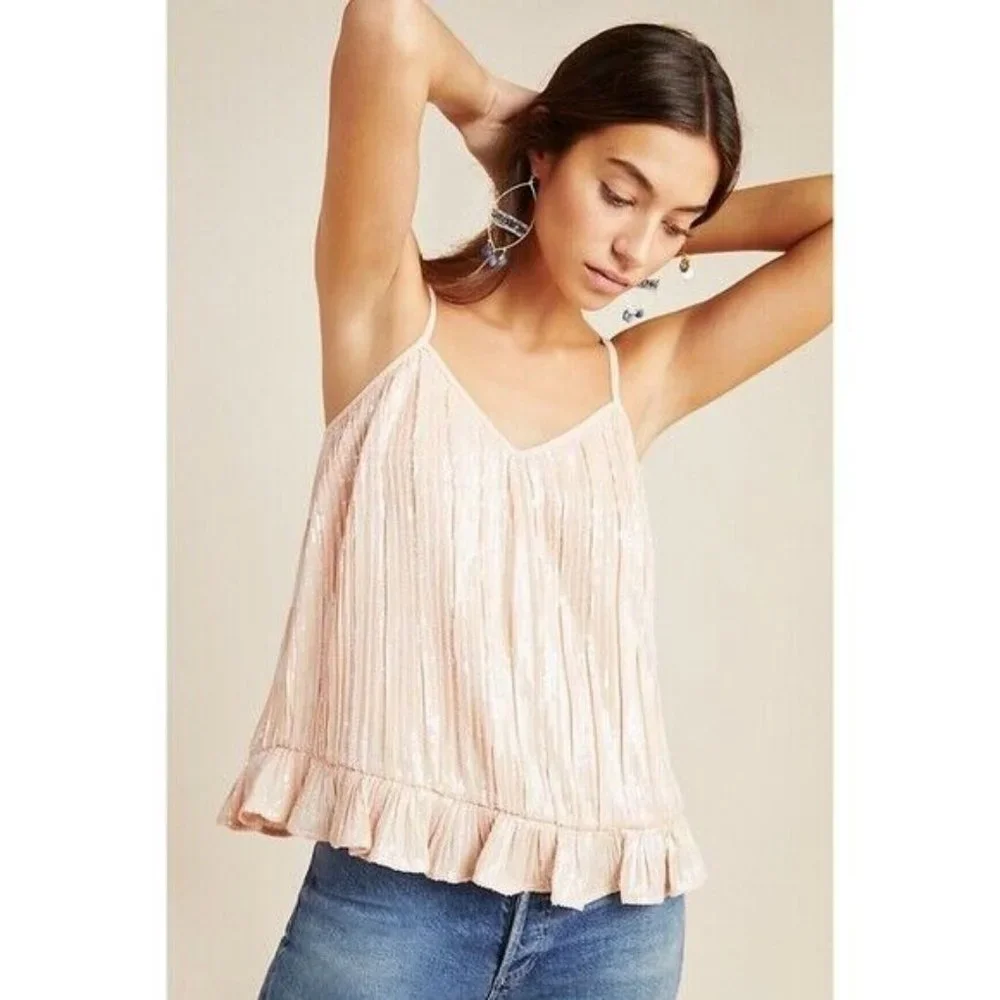NWT Anthropologie Amelie Beaded Cami Tank Top 2 Pink Sequin